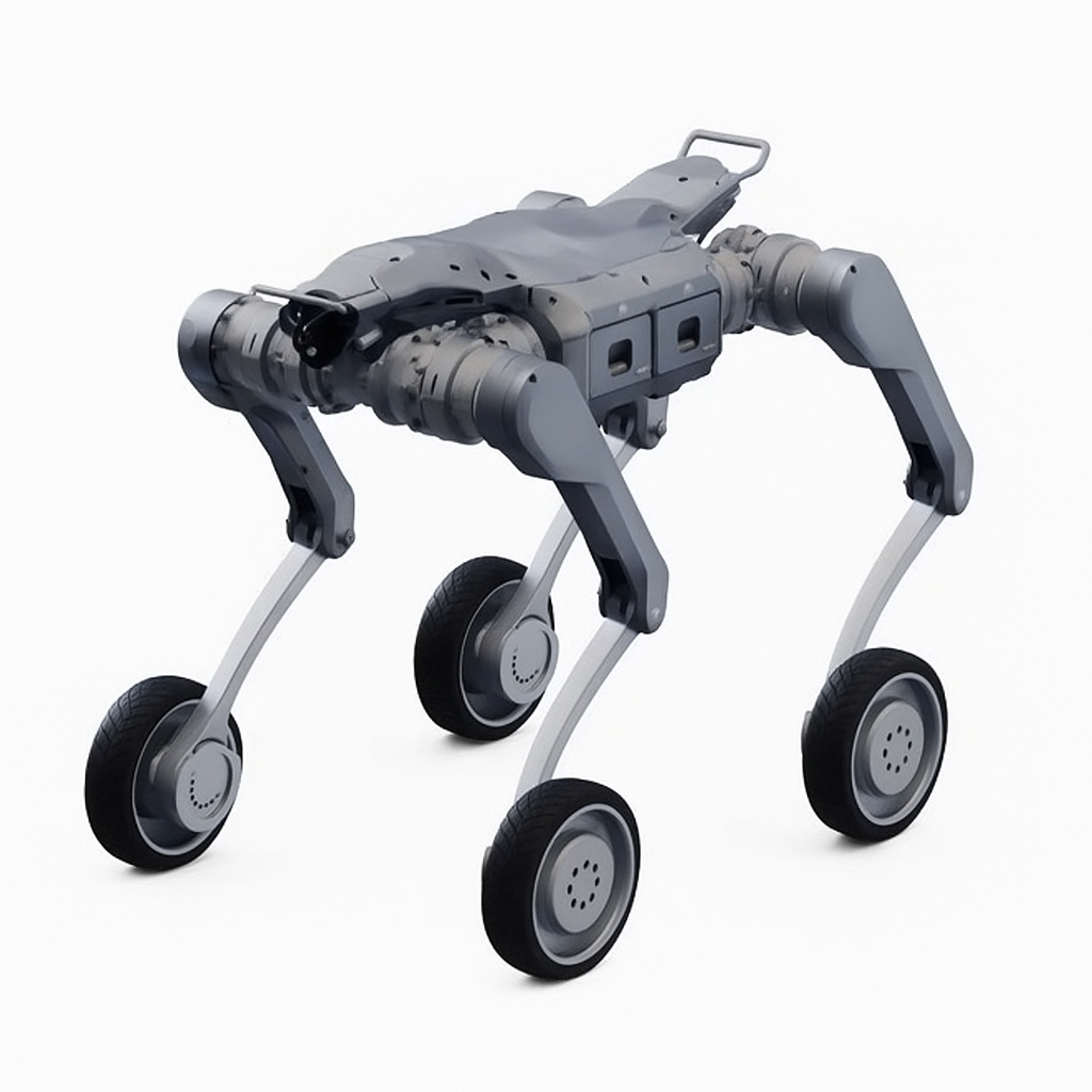 Robotic dog with four wheels on a white background