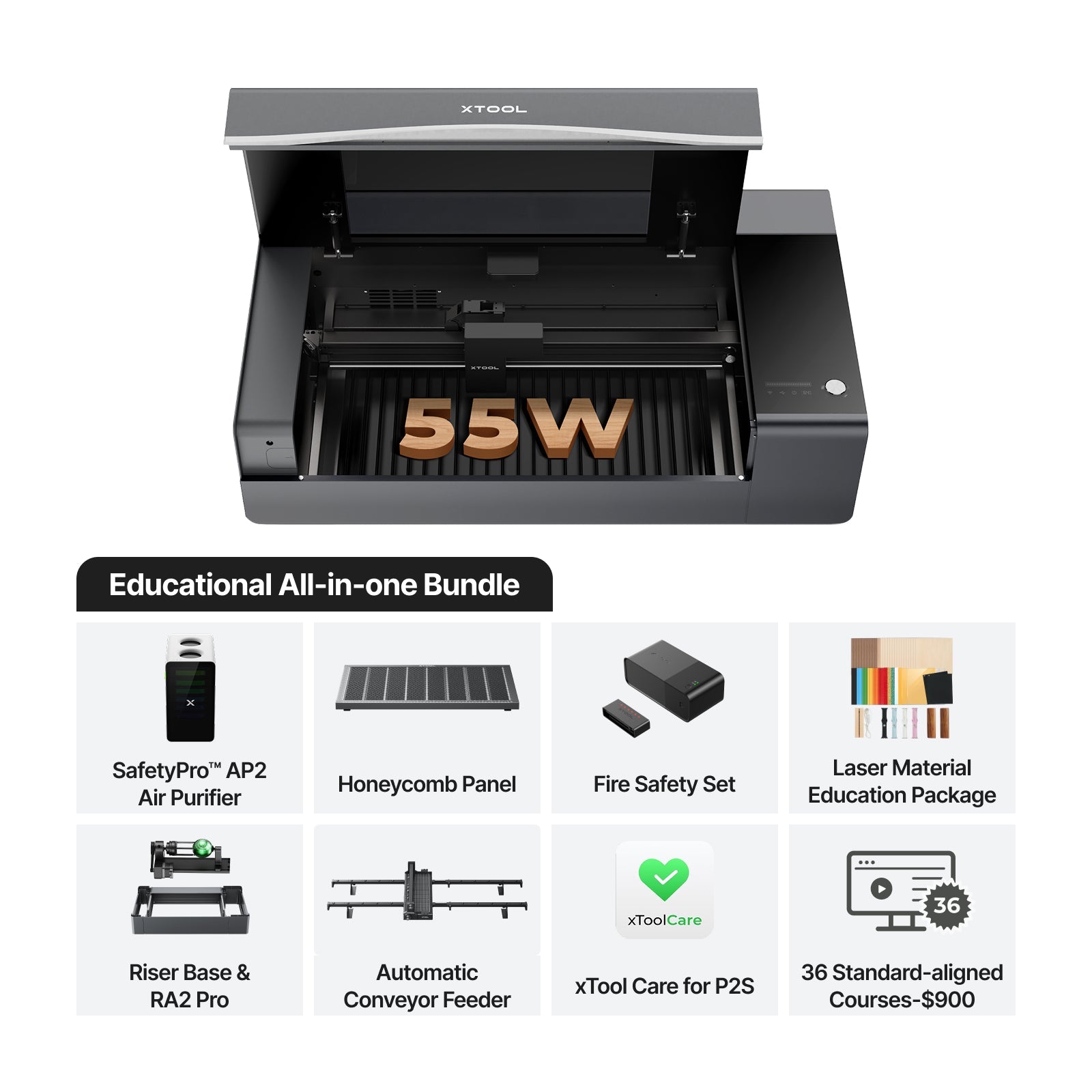 xTool P2S 55W Desktop CO2 Laser Cutter for Education - Educational Essentials Kit