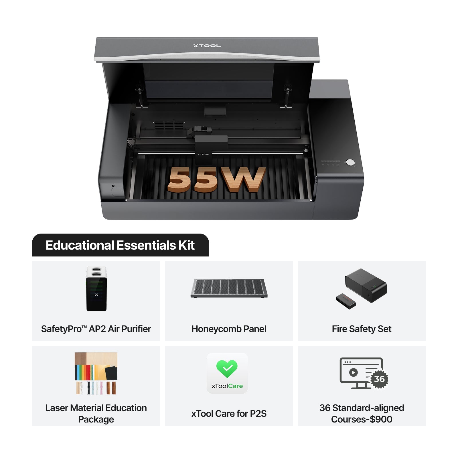xTool P2S 55W Desktop CO2 Laser Cutter for Education - Educational Essentials Kit