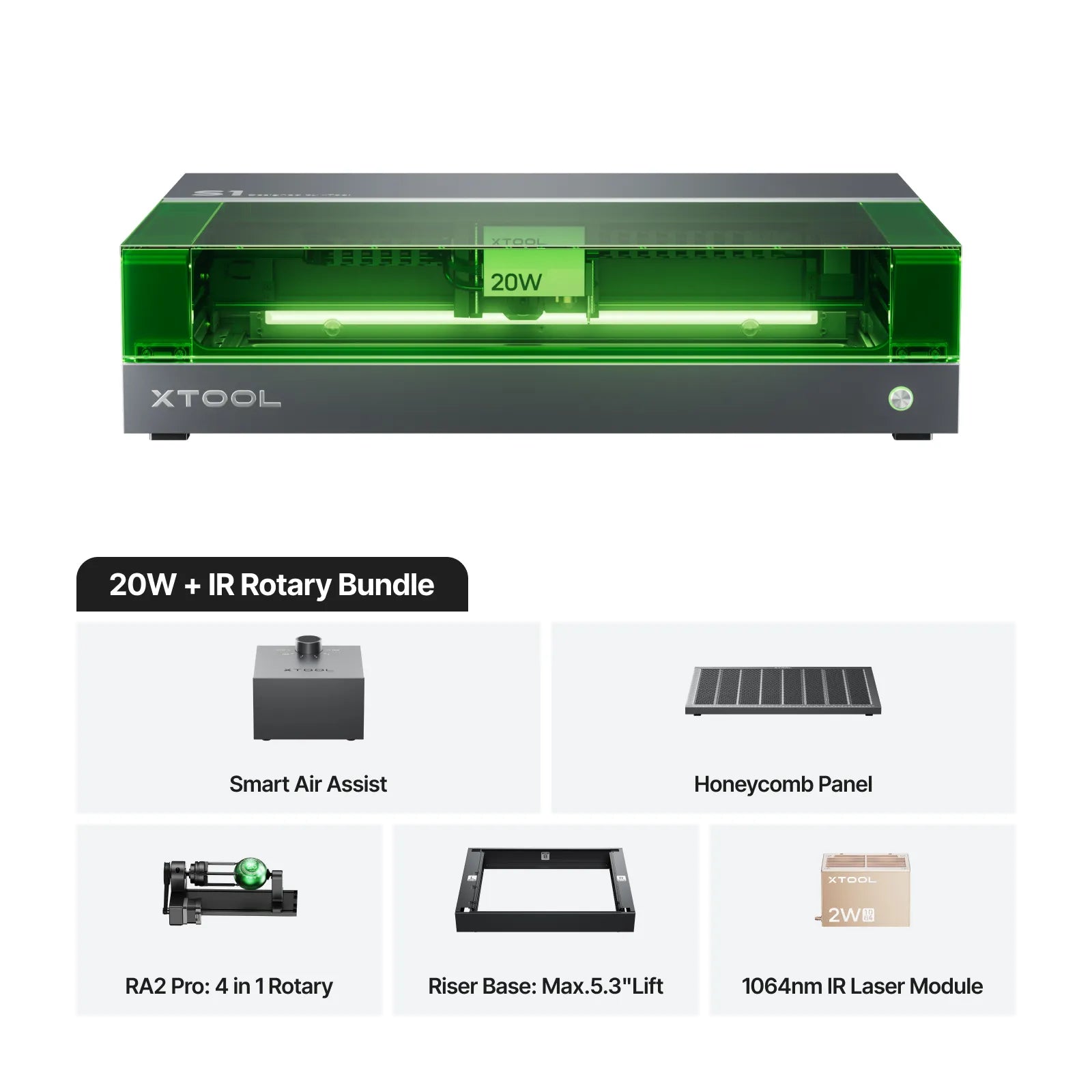 xTool S1 + 1064nm IR Laser Kit: Enclosed Diode Laser Engraver & Cutter - 20W + IR Rotary Bundle