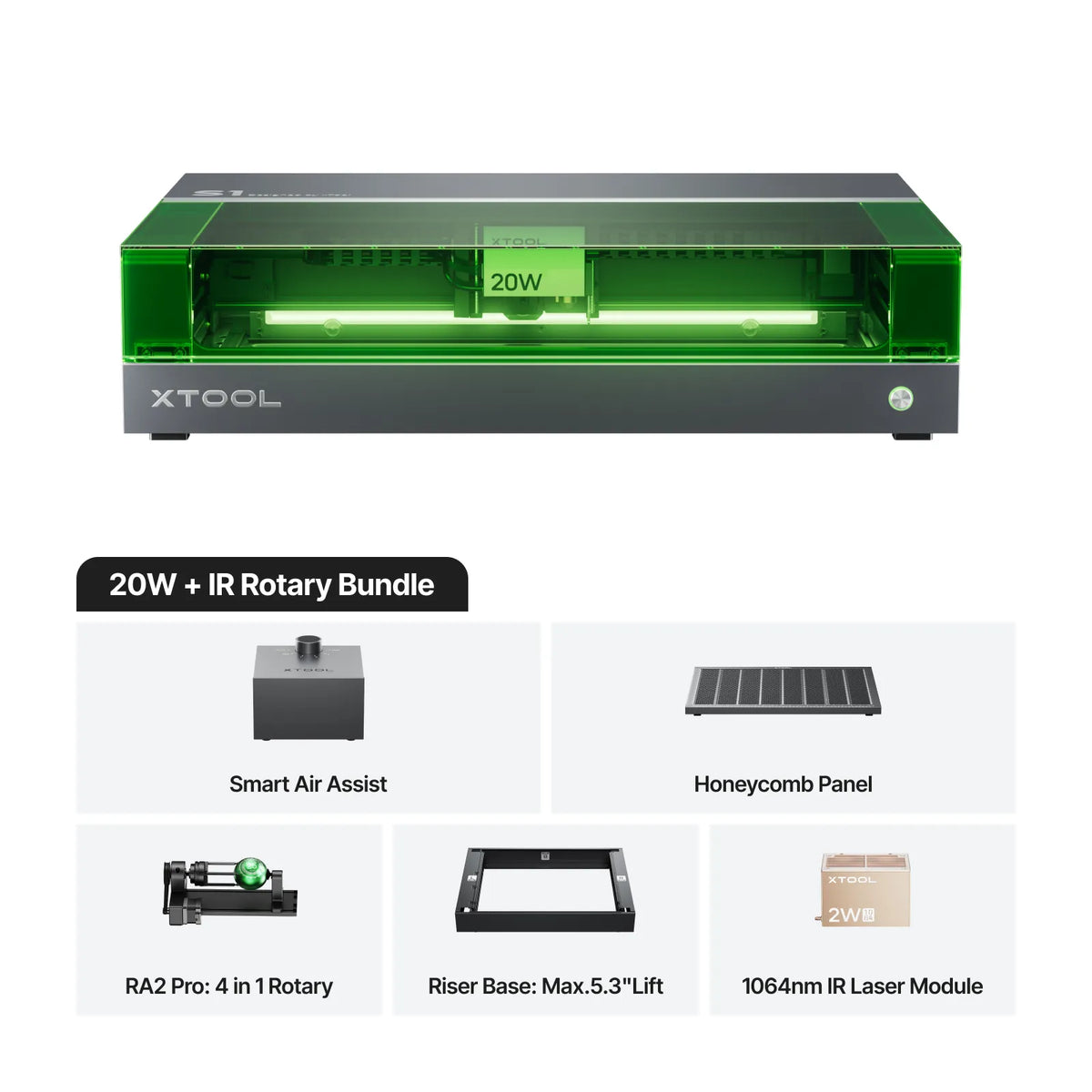xTool S1 + 1064nm IR Laser Kit: Enclosed Diode Laser Engraver & Cutter - 20W + IR Rotary Bundle