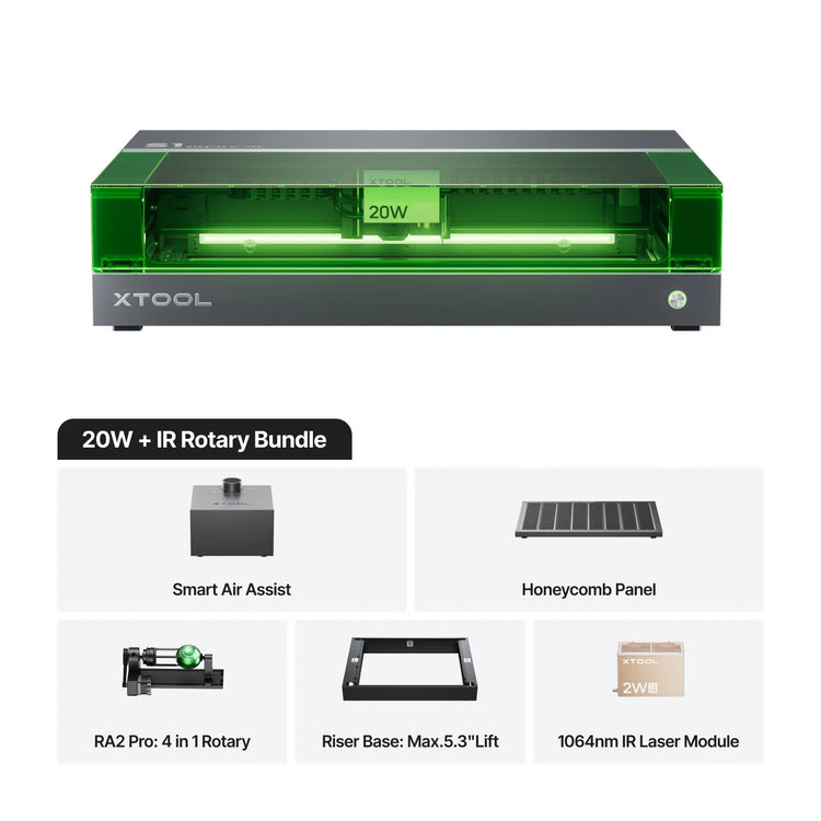 xTool S1 + 1064nm IR Laser Kit: Enclosed Diode Laser Engraver & Cutter - 20W + IR Rotary Bundle