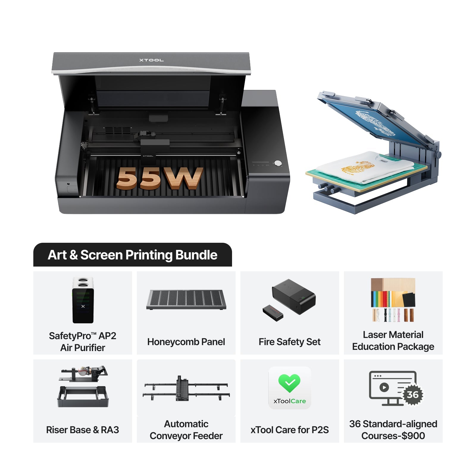 xTool P2S 55W Desktop CO2 Laser Cutter for Education - Art & Screen Printing Bundle